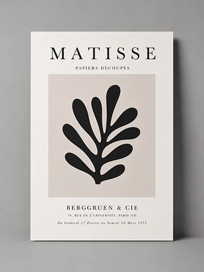 Front cover of 'MATISSE PAPIERS DÉCOUPÉS' featuring a beige square with a black leaf silhouette; includes publisher 'BERGGRUEN & CIE' at the bottom.