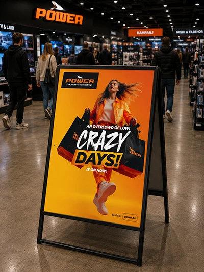 Promotional poster in a Power electronics store; a jumping woman on an orange background with bold 'CRAZY DAYS' text.